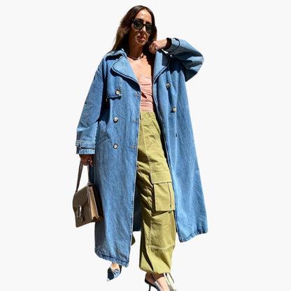 Damen Langer Jeans Trenchcoat mit Gürtel 2