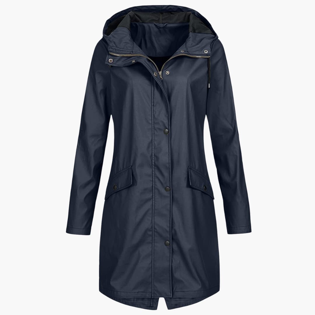 Damen Langregenjacke mit Kapuze und Druckknopfverschluss 0