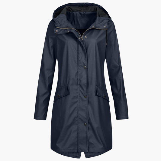 Damen Langregenjacke mit Kapuze und Druckknopfverschluss 0