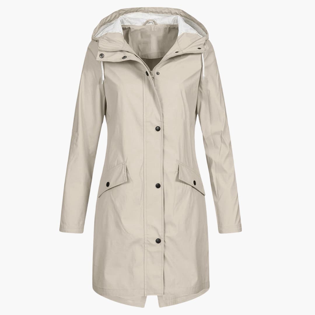 Damen Langregenjacke mit Kapuze und Druckknopfverschluss 1