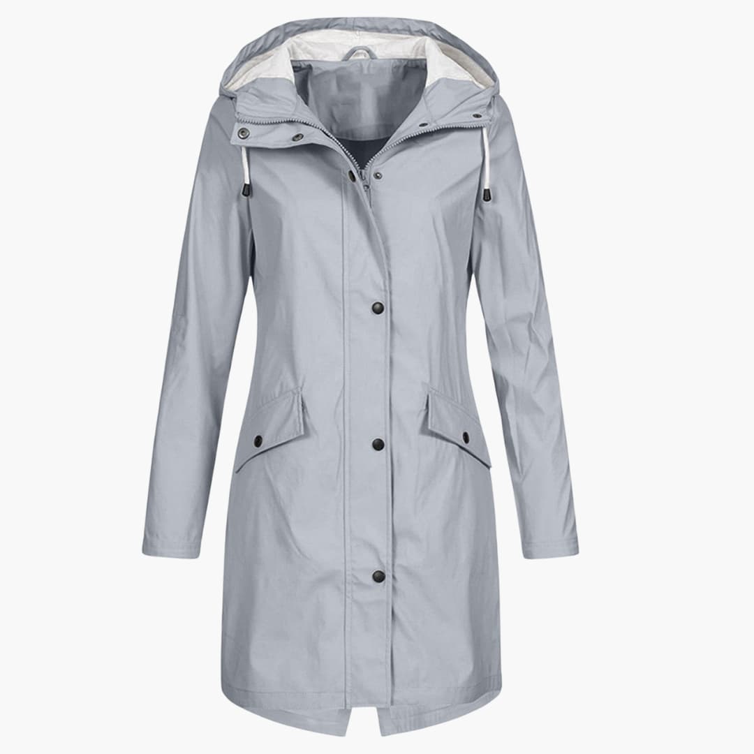 Damen Langregenjacke mit Kapuze und Druckknopfverschluss 2