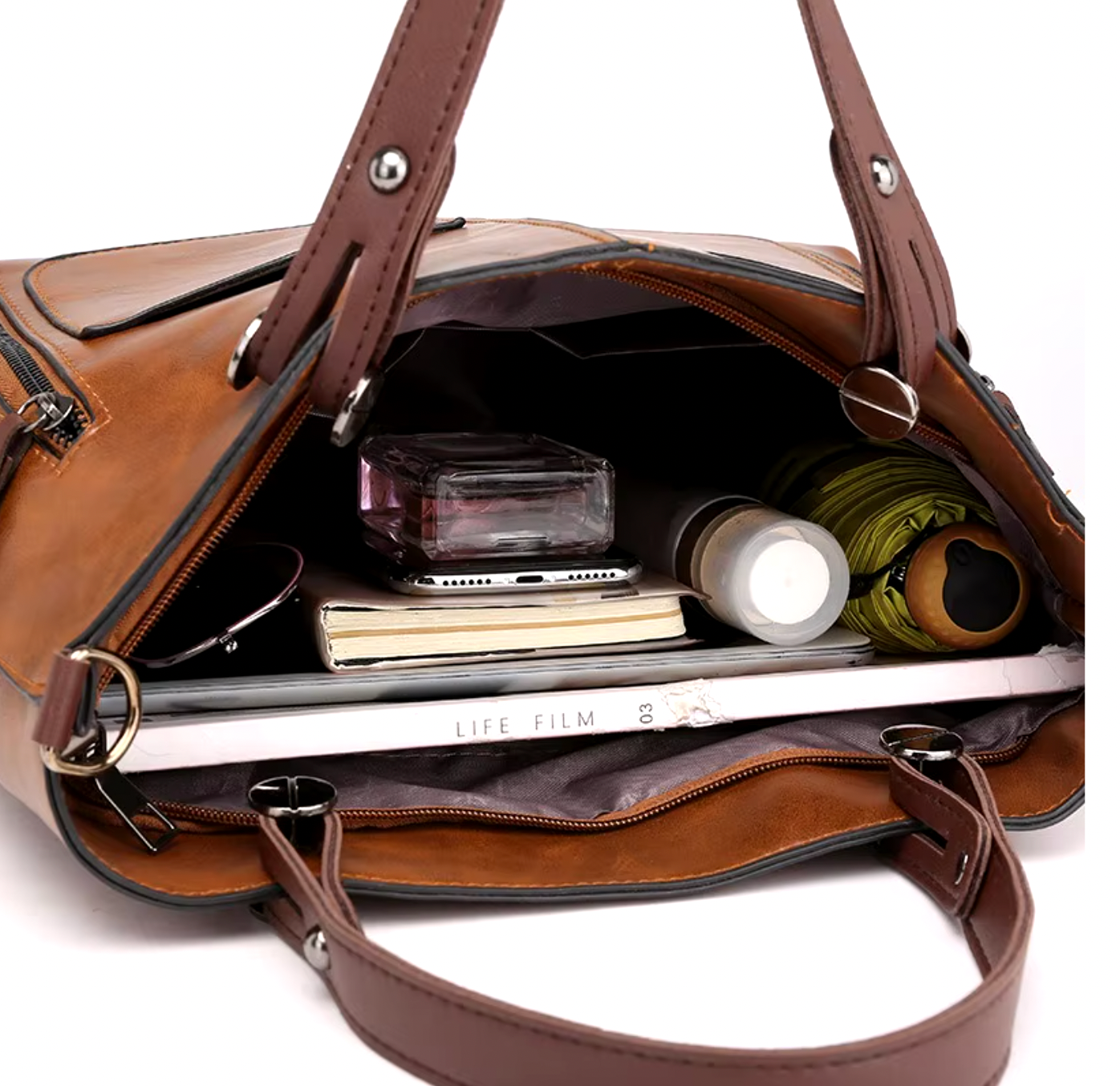 Damen Lederhandtasche mit mehreren Taschen, Umhängetasche im Vintage-Stil 3