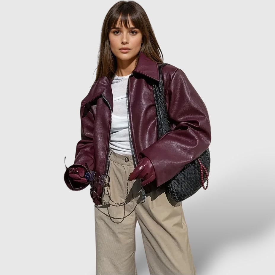 Damen Lederjacke mit Reißverschluss und Stehkragen 1