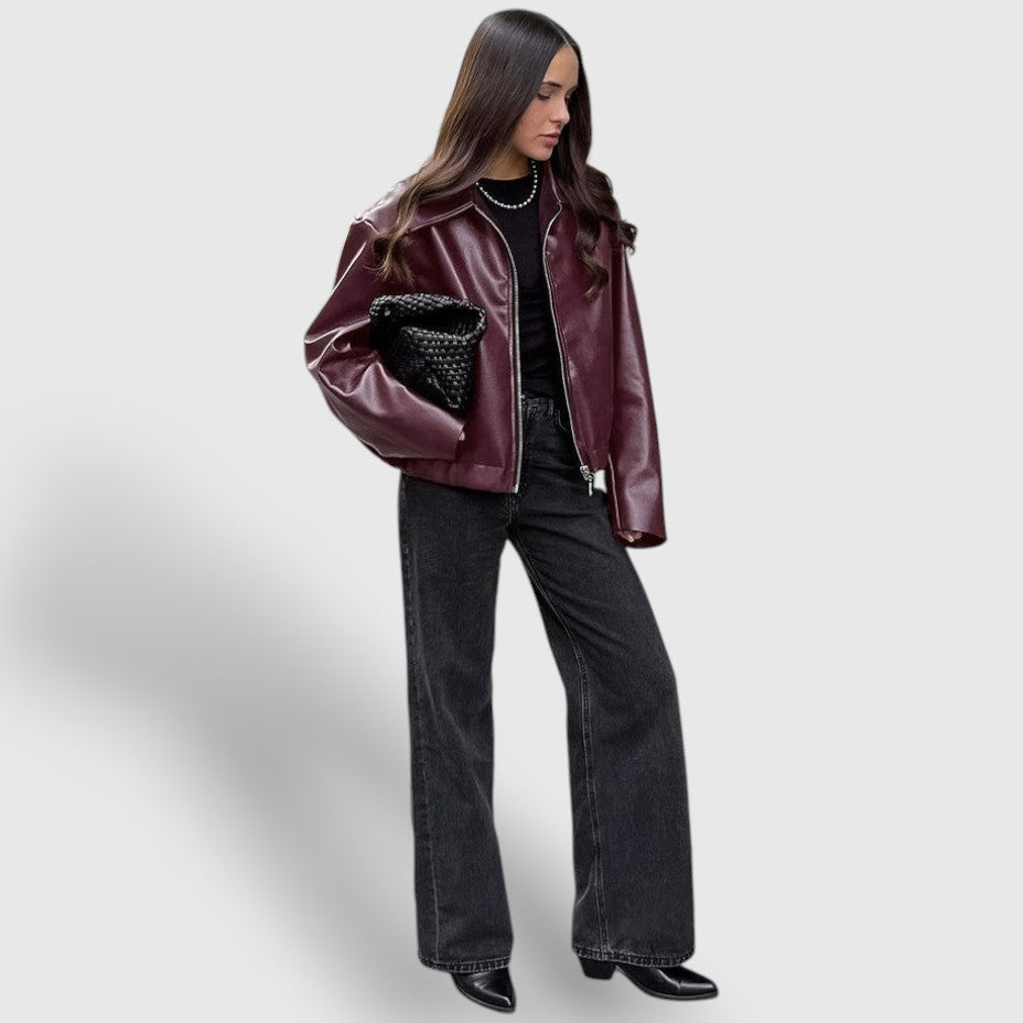 Damen Lederjacke mit Reißverschluss und Stehkragen 2