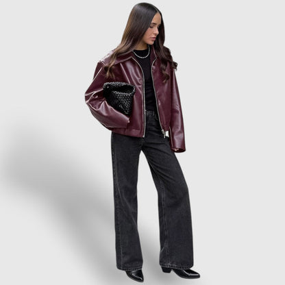 Damen Lederjacke mit Reißverschluss und Stehkragen 2