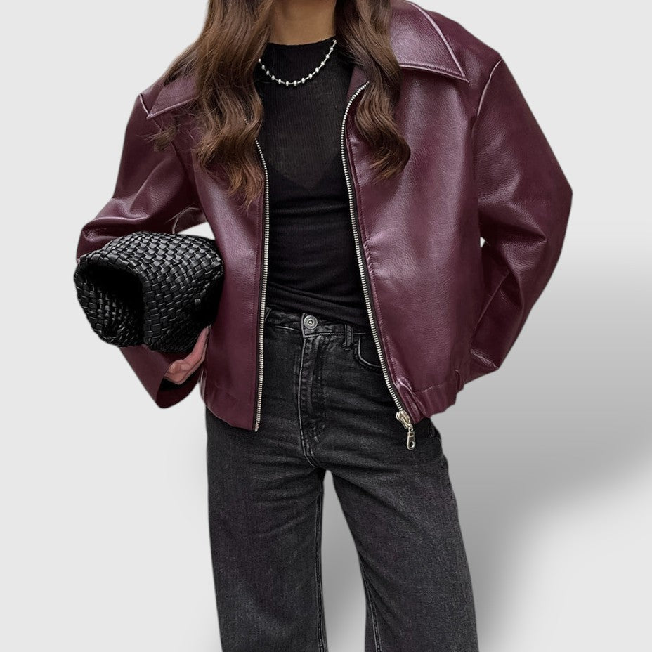 Damen Lederjacke mit Reißverschluss und Stehkragen 3