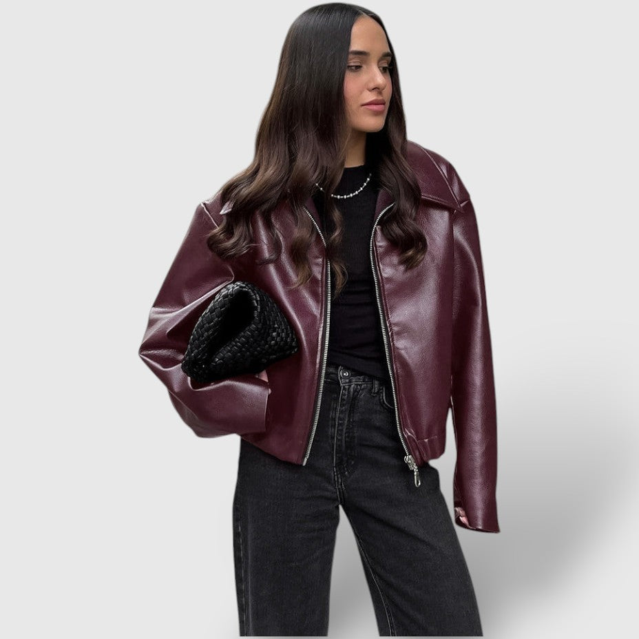 Damen Lederjacke mit Reißverschluss und Stehkragen 4