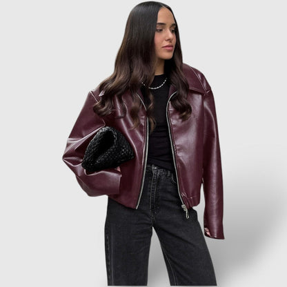 Damen Lederjacke mit Reißverschluss und Stehkragen 4