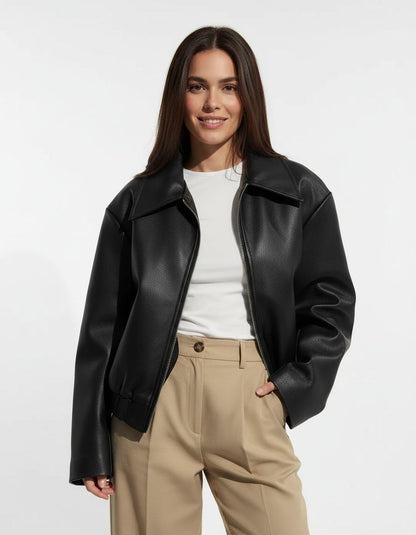 Lederjacke Damen Schwarz Elegant Ledermantel