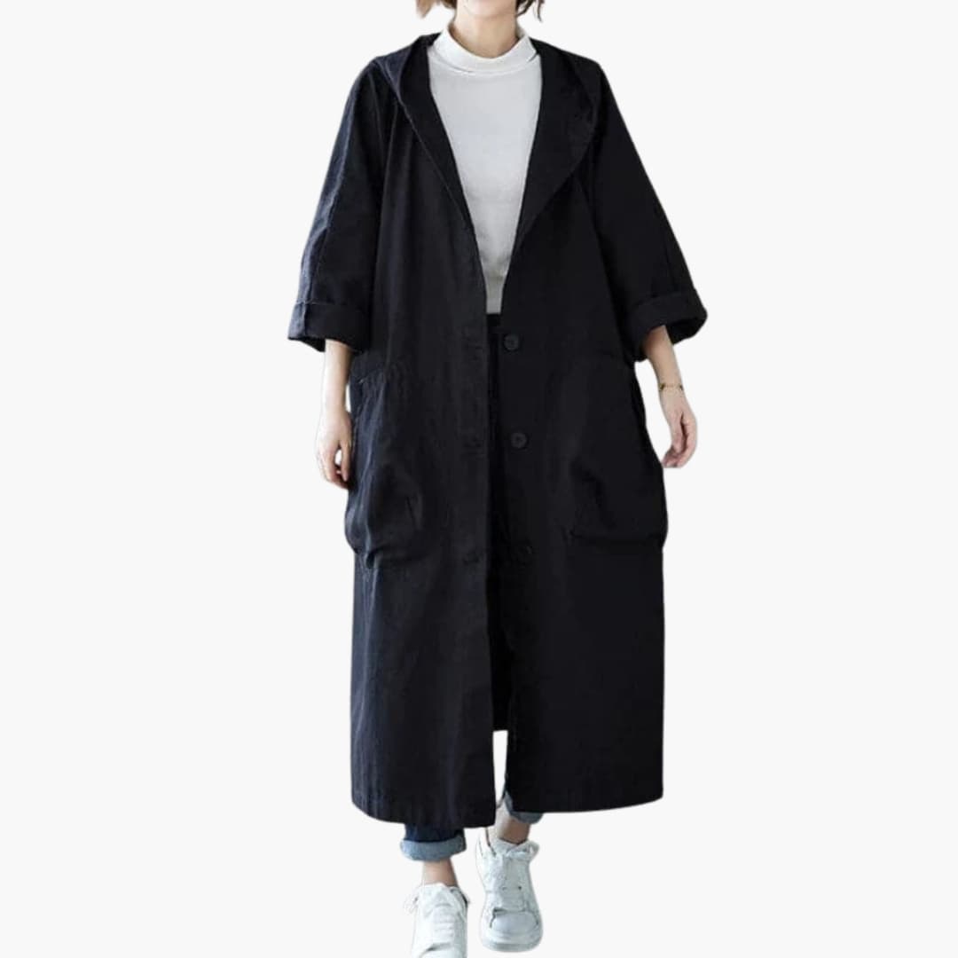Damen Mantel Lang mit Kapuze und Taschen 1