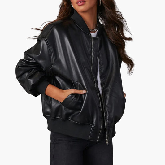 Damen Oversize-Bomberjacke mit Reißverschluss und Rippbündchen 0