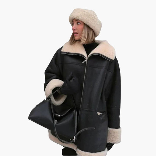 Damen Schwarze Jacke mit  Shearling Besatz 0