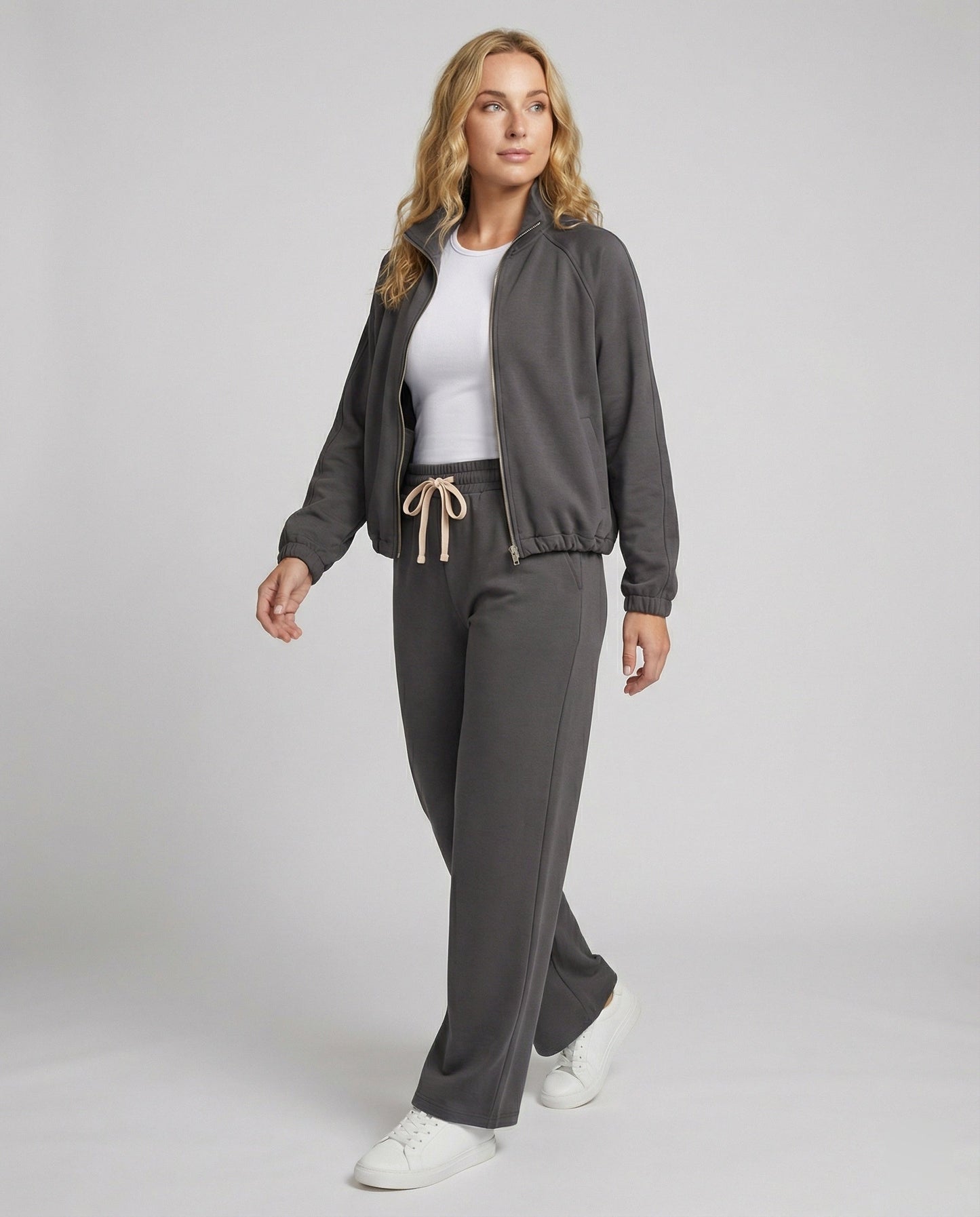 Damen Sportanzug Grau Zweiteiler Sweatshirt Locker Fit Frauen - BerlinGlamour