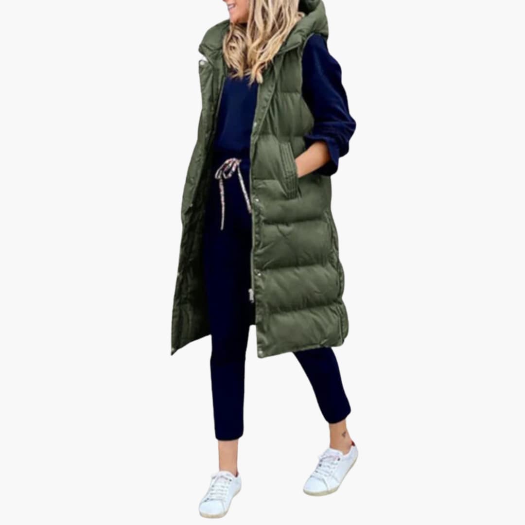 Damen Steppweste Lang mit Kapuze und Taschen 0