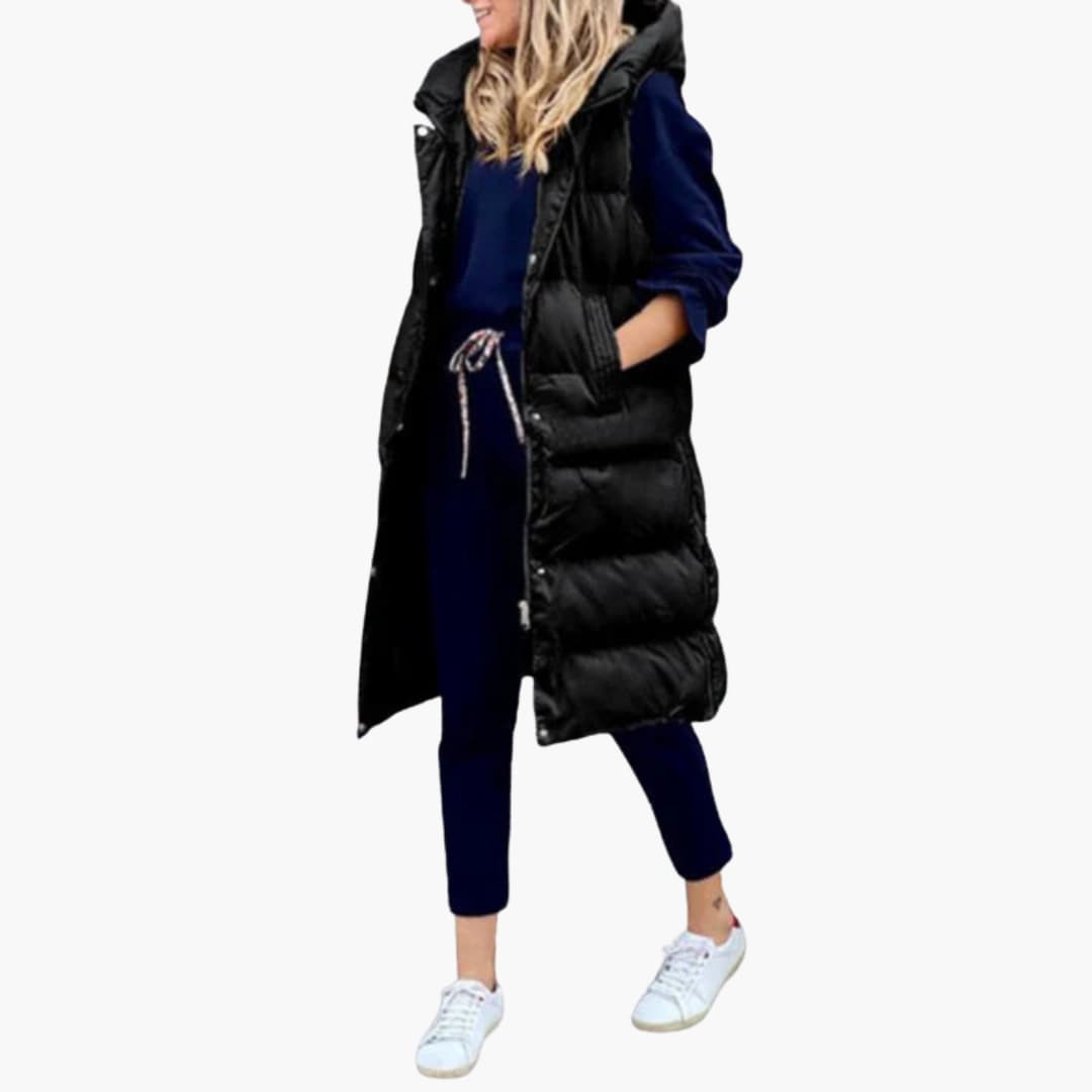 Damen Steppweste Lang mit Kapuze und Taschen 2