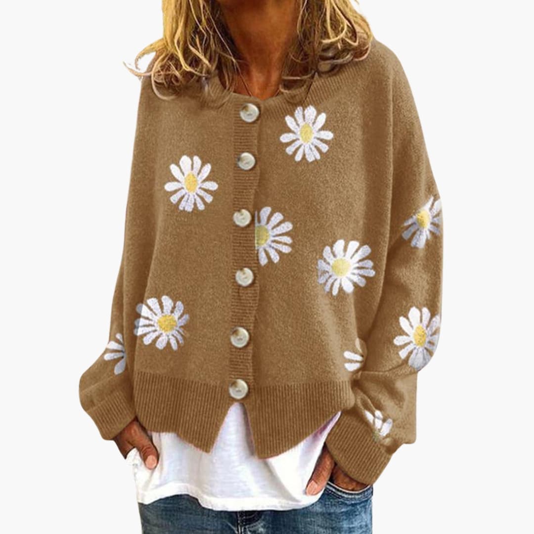 Damen Strickjacke mit Blumenmuster und Knopfverschluss 0