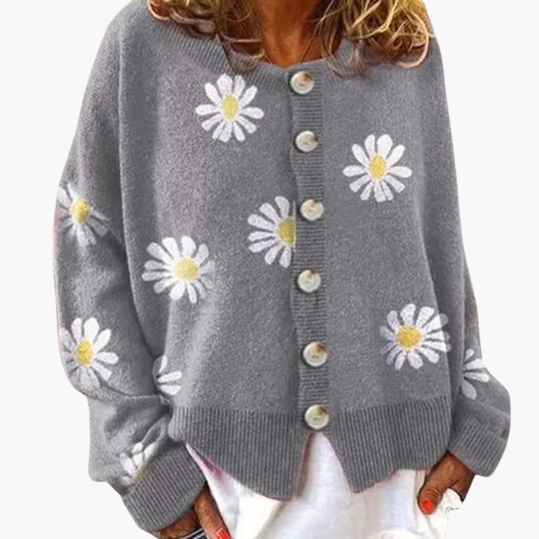 Damen Strickjacke mit Blumenmuster und Knopfverschluss 1