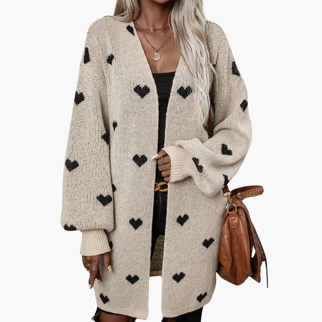 Damen Strickjacke mit Knopfleiste und Herzmuster 1