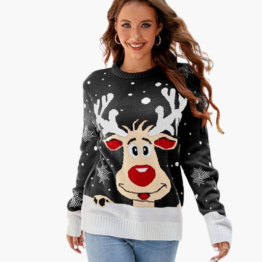 Damen Strickpullover mit Elchmotiv und Fleece Oberfläche 0