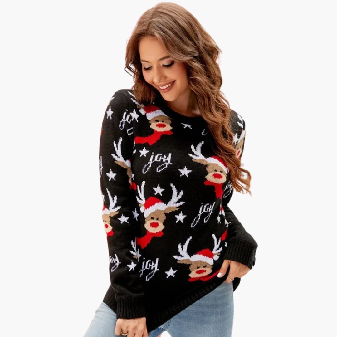 Damen Strickpullover mit Elchmotiv und Fleece Oberfläche 1