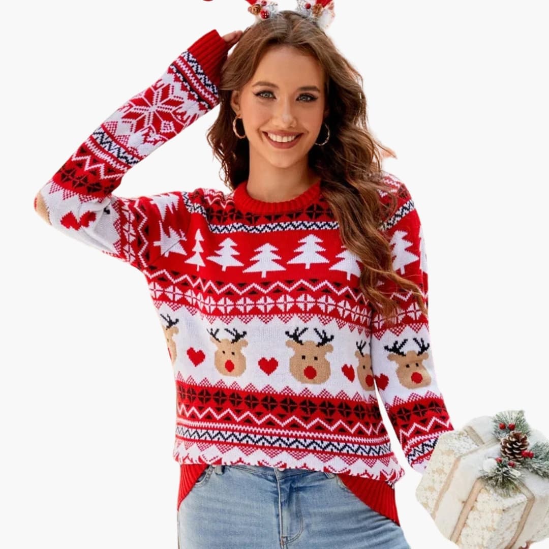 Damen Strickpullover mit Elchmotiv und Fleece Oberfläche 2