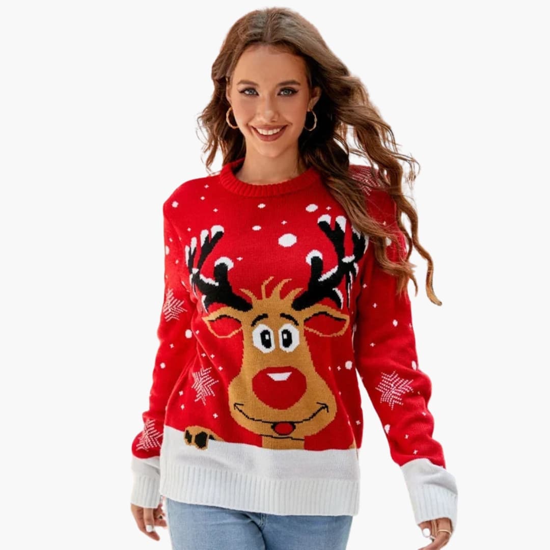 Damen Strickpullover mit Elchmotiv und Fleece Oberfläche 3