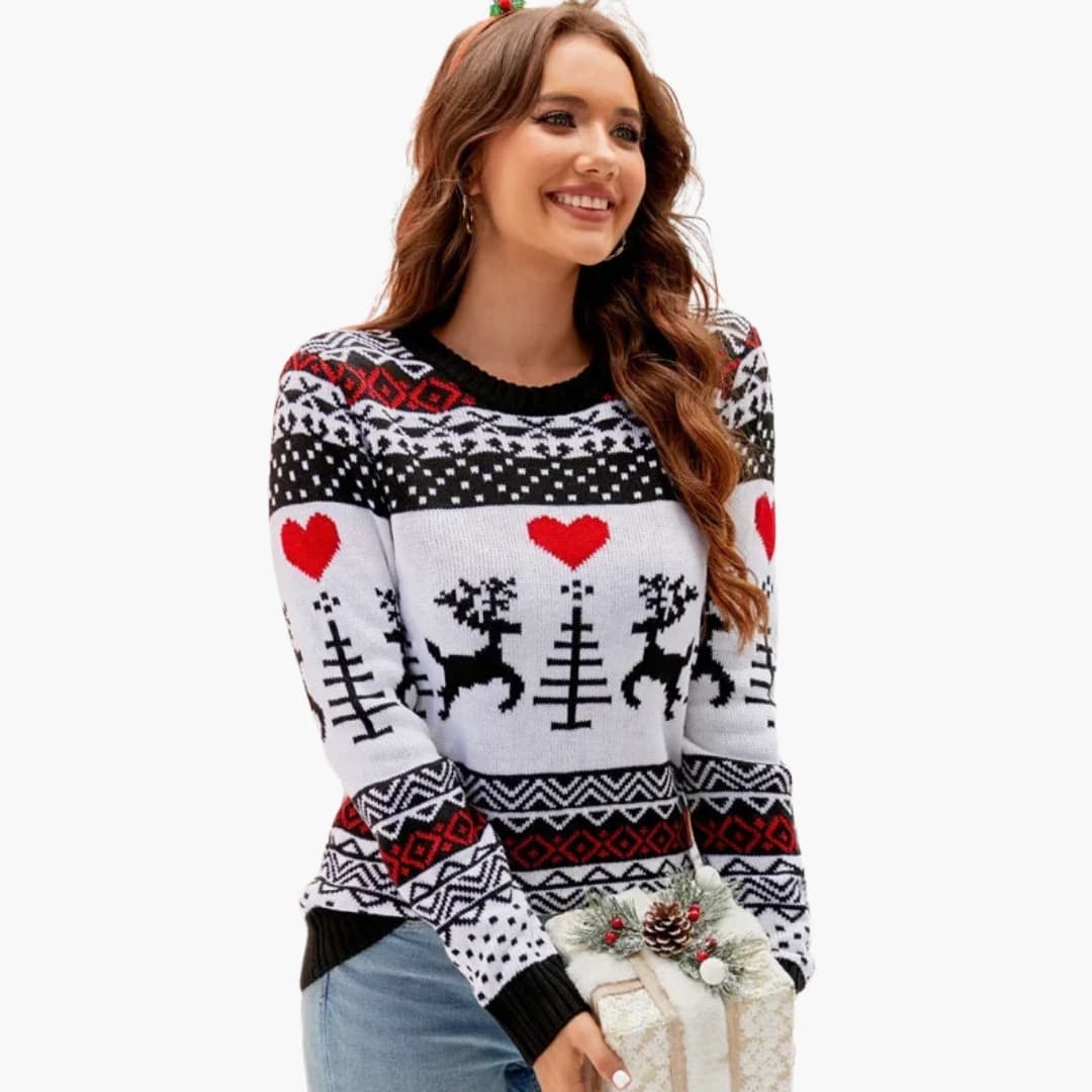 Damen Strickpullover mit Elchmotiv und Fleece Oberfläche 4