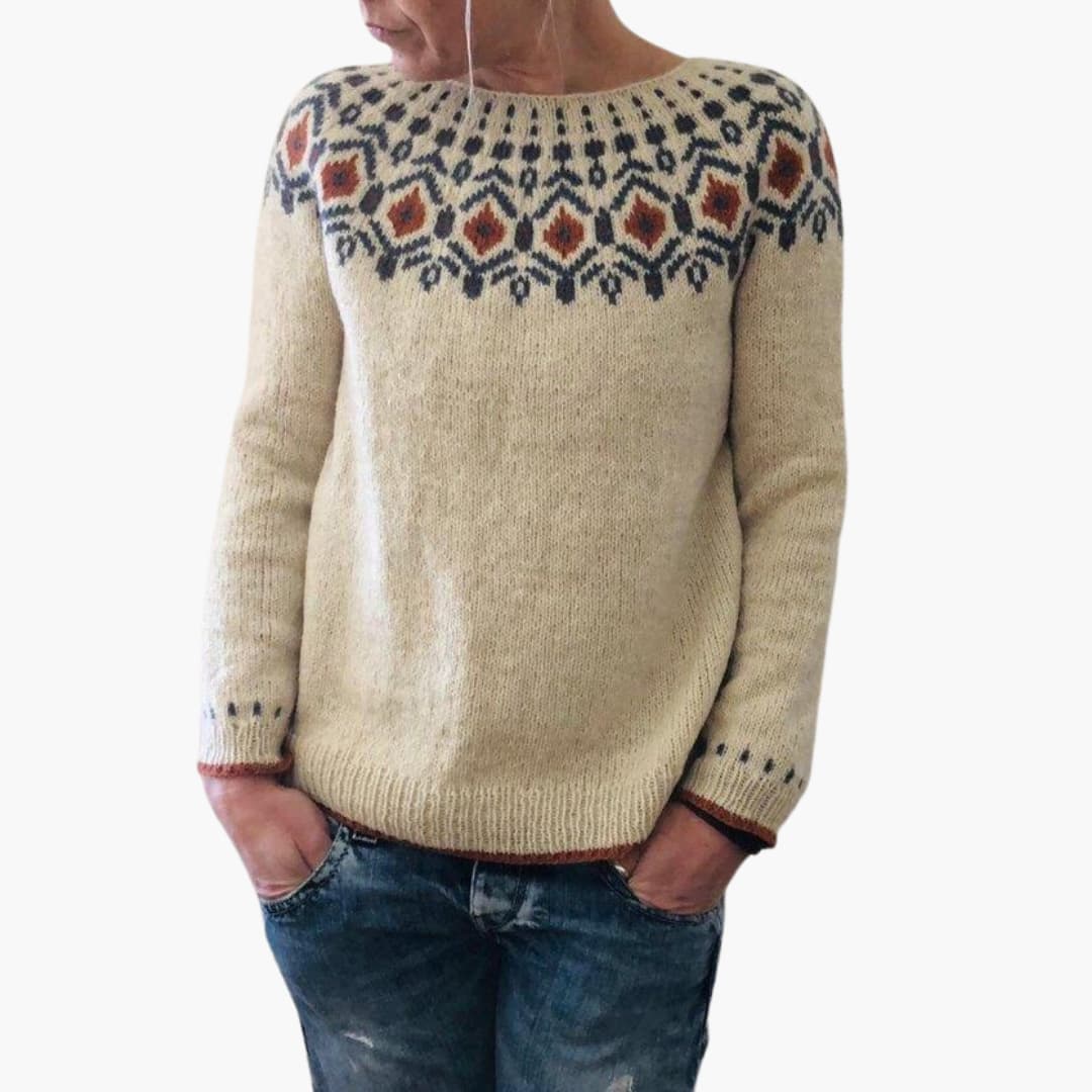 Damen Strickpullover mit Rundhalsausschnitt und geometrischem Muster 1
