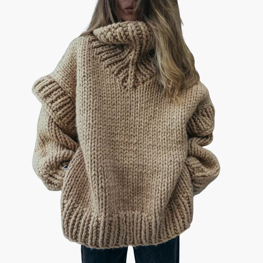 Damen Strickpullover mit hohem Kragen und geripptem Saum 1