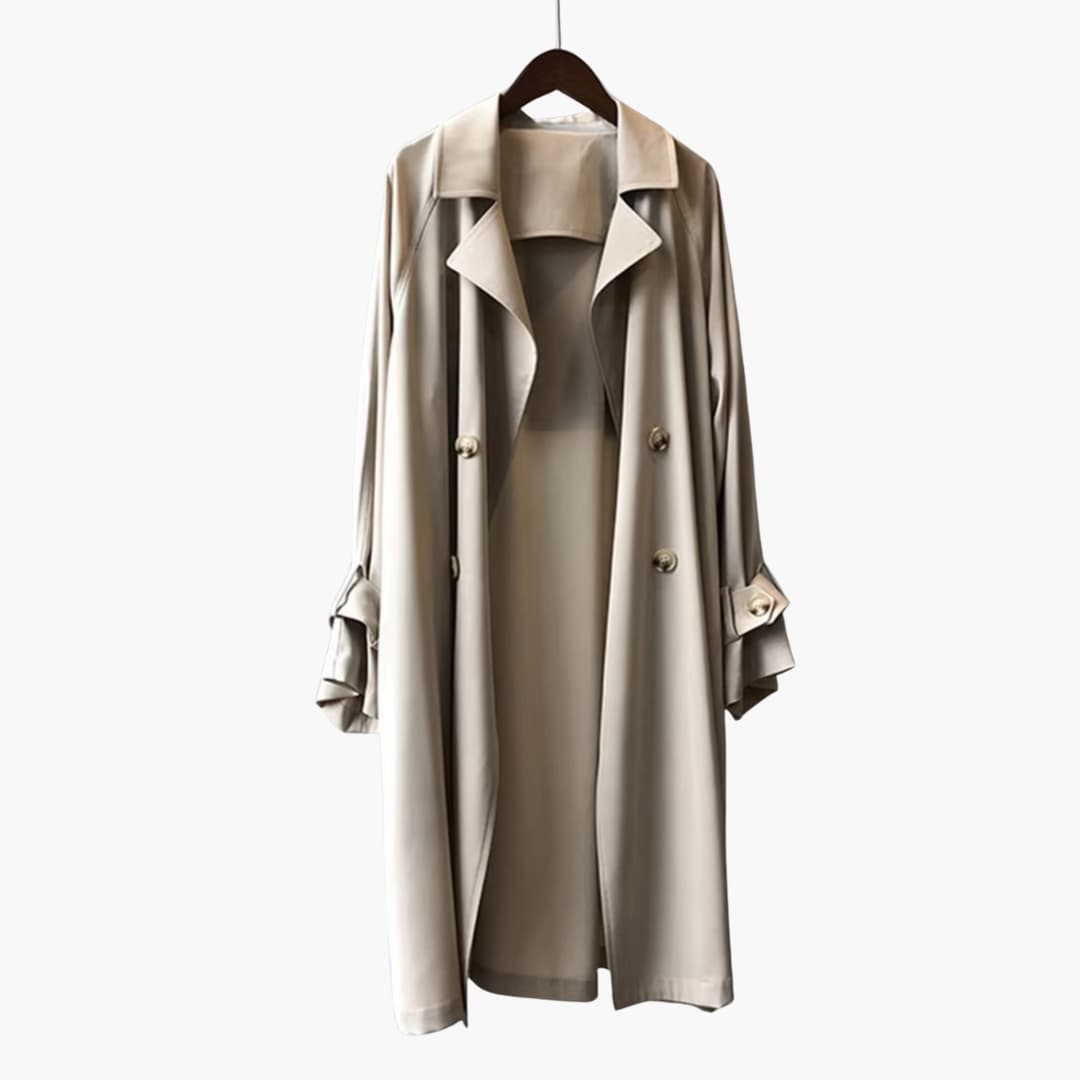 Damen Trenchcoat Lang mit Reverskragen und Knopfverschluss vorne 0