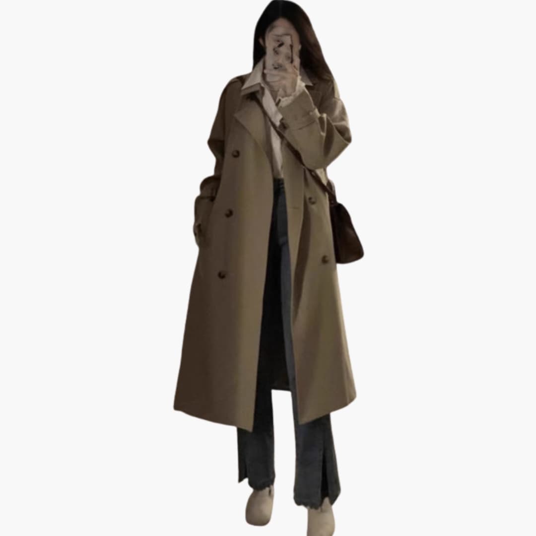 Damen Trenchcoat Lang mit Reverskragen und doppelter Knopfleiste 0