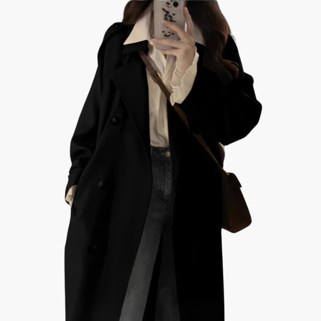 Damen Trenchcoat Lang mit Reverskragen und doppelter Knopfleiste 1