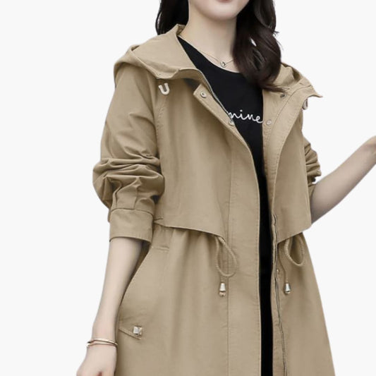 Damen Trenchcoat mit Kapuze, Reißverschluss und Taillenzugband 0