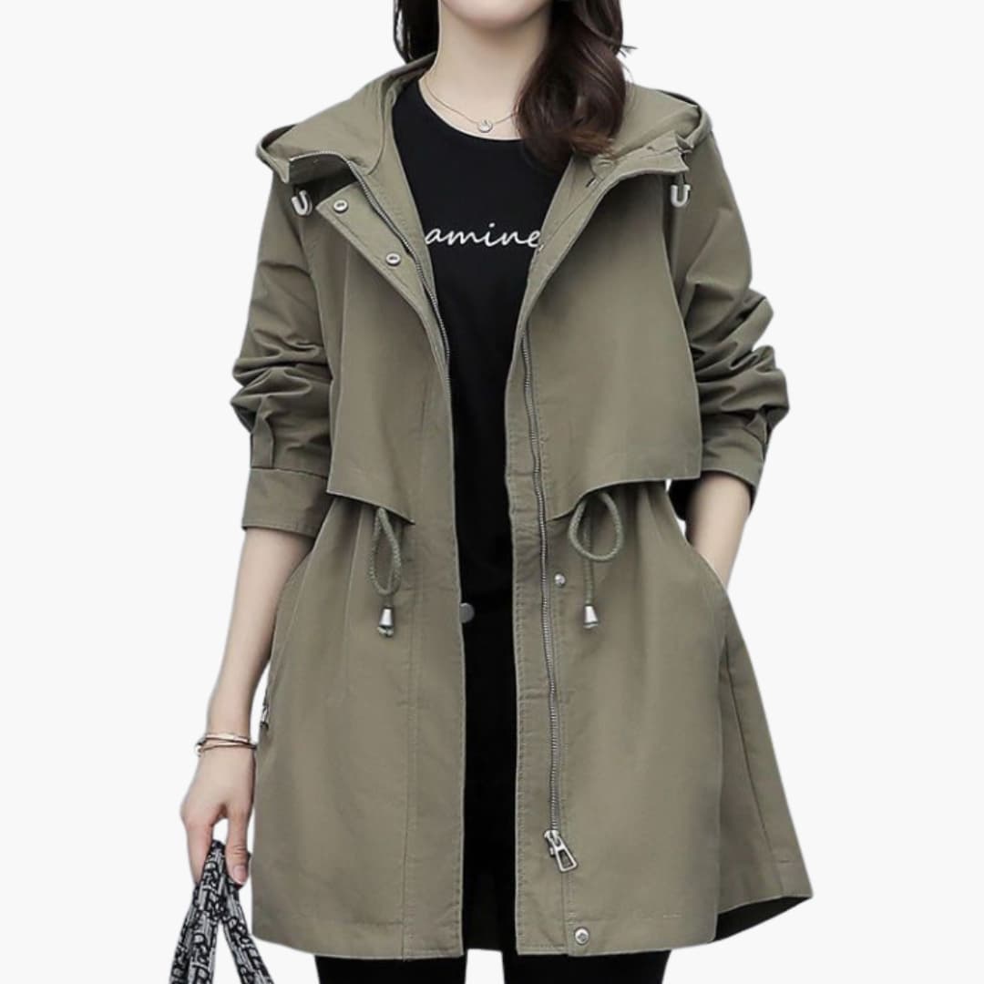 Damen Trenchcoat mit Kapuze, Reißverschluss und Taillenzugband 1