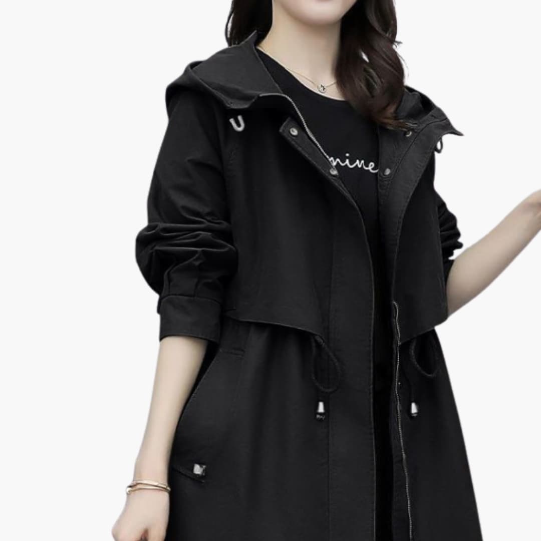 Damen Trenchcoat mit Kapuze, Reißverschluss und Taillenzugband 2