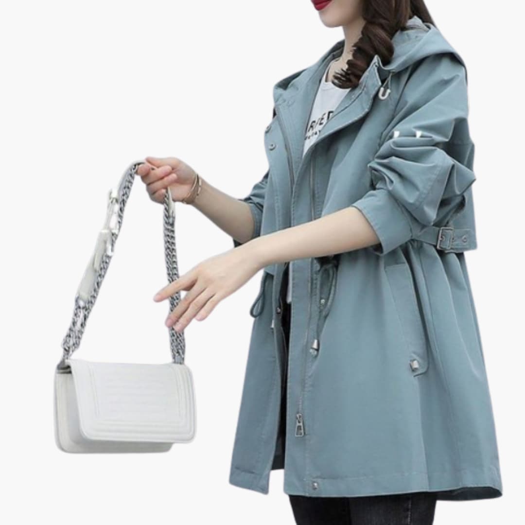 Damen Trenchcoat mit Kapuze, Reißverschluss und Taillenzugband 3