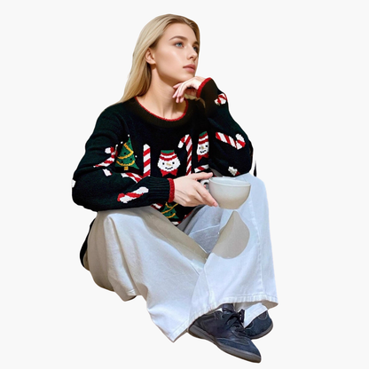 Damen Weihnachts-Pullover mit Baum und Schneeflockenmotiv 0