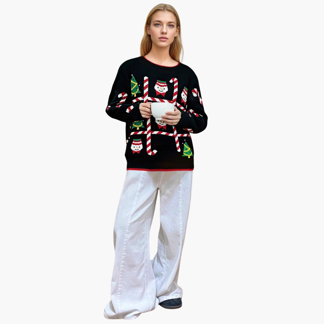 Damen Weihnachts-Pullover mit Baum und Schneeflockenmotiv 1