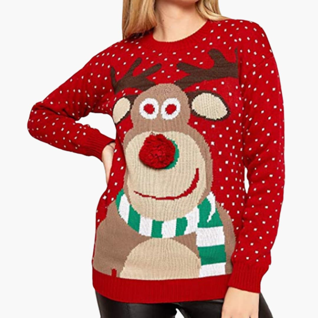 Damen Weihnachts-Pullover mit Rentier und Strukturdetails 1