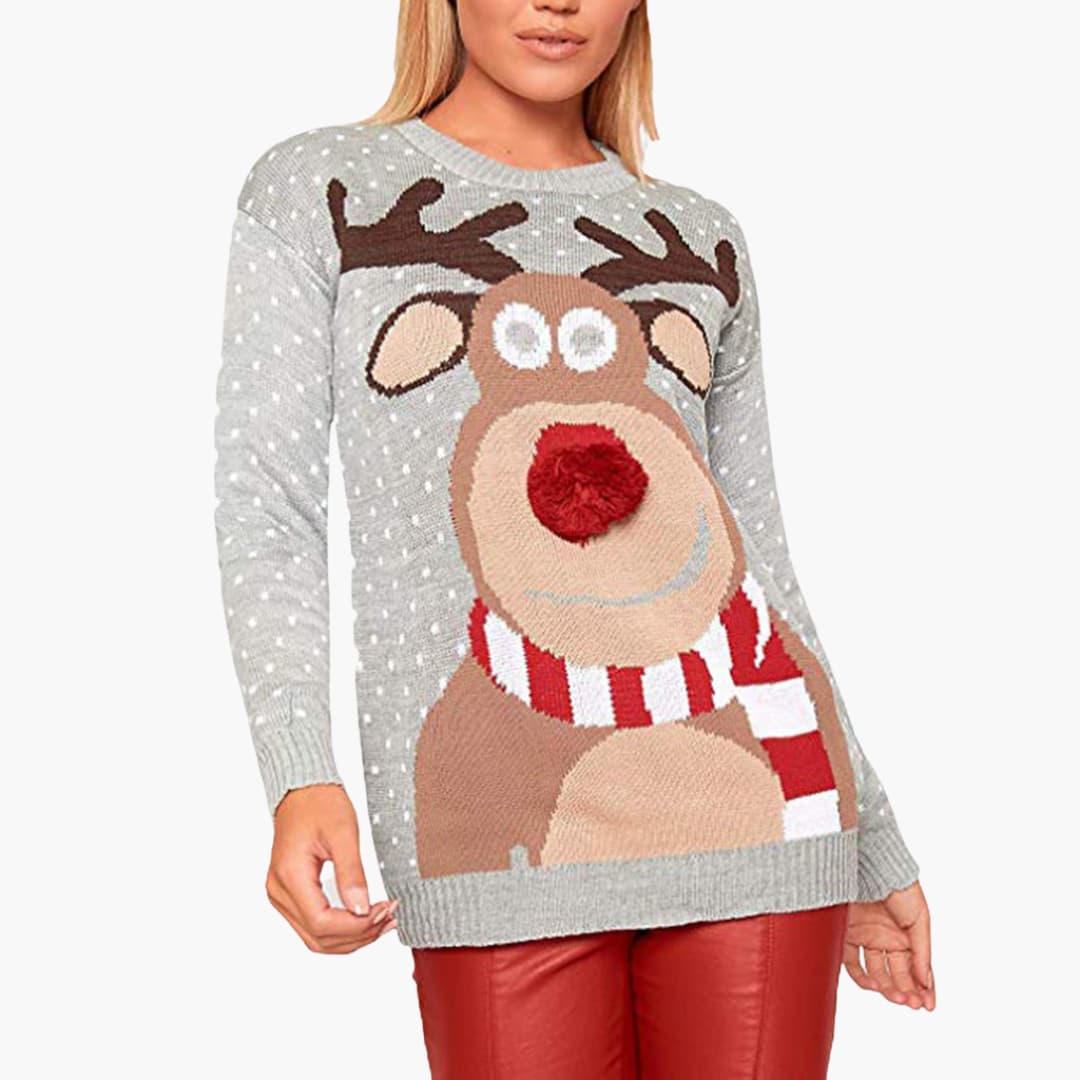Damen Weihnachts-Pullover mit Rentier und Strukturdetails 4