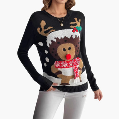 Damen Weihnachts Pullover mit Rentier Motiv und rotem Schal Detail 0