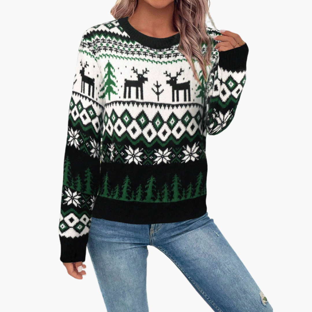 Damen Weihnachts Pullover mit Rentier und Baummotiv 0