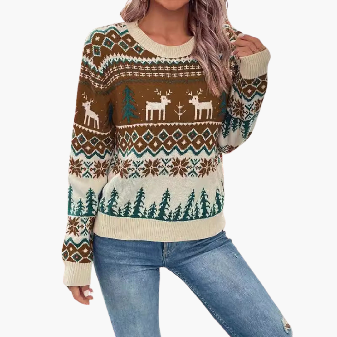 Damen Weihnachts Pullover mit Rentier und Baummotiv 1