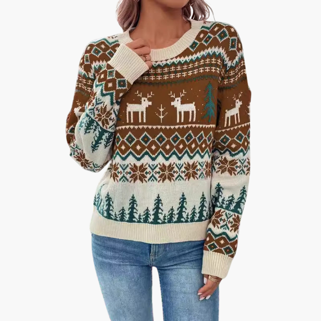 Damen Weihnachts Pullover mit Rentier und Baummotiv 2
