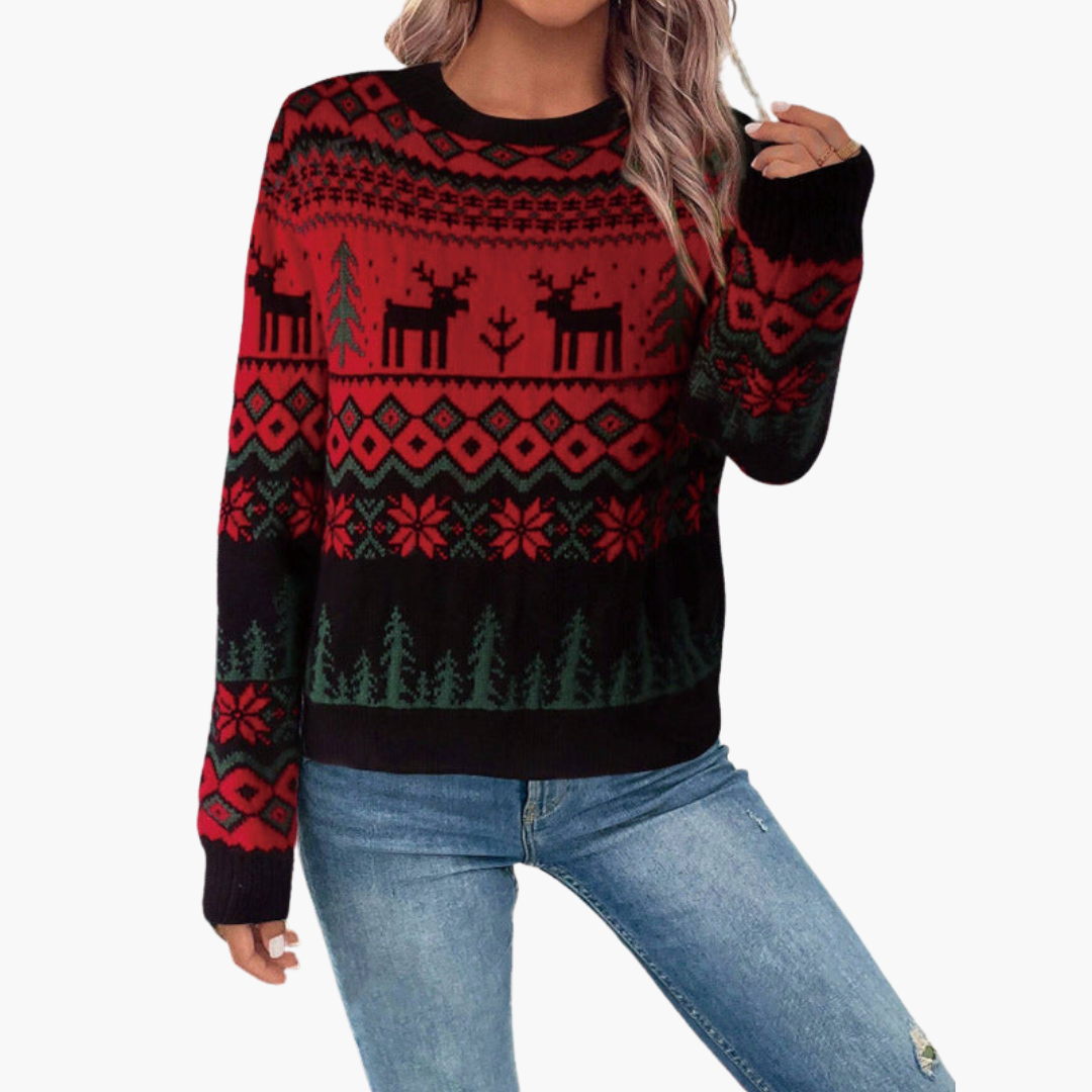 Damen Weihnachts Pullover mit Rentier und Baummotiv 5