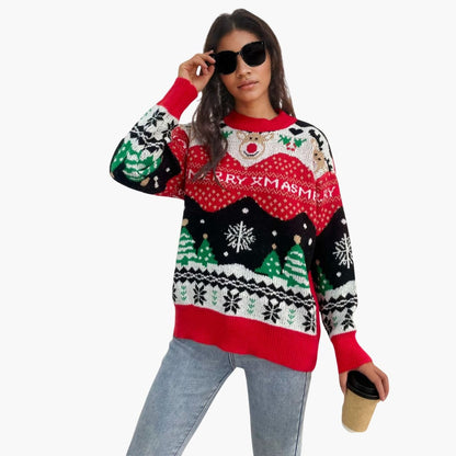 Damen Weihnachts Pullover mit Schneeflocken und Tannenbaum Muster 0
