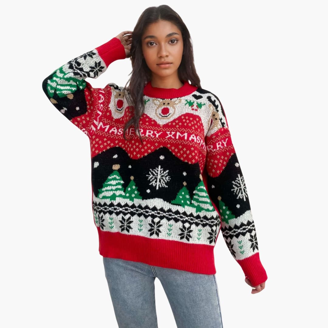 Damen Weihnachts Pullover mit Schneeflocken und Tannenbaum Muster 1