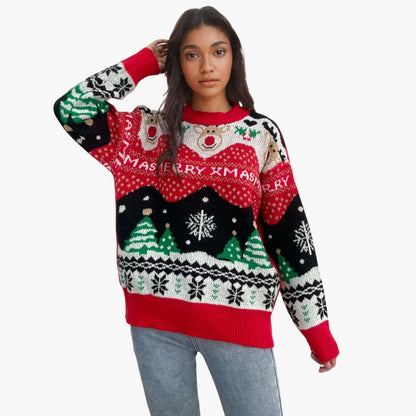 Damen Weihnachts Pullover mit Schneeflocken und Tannenbaum Muster 1