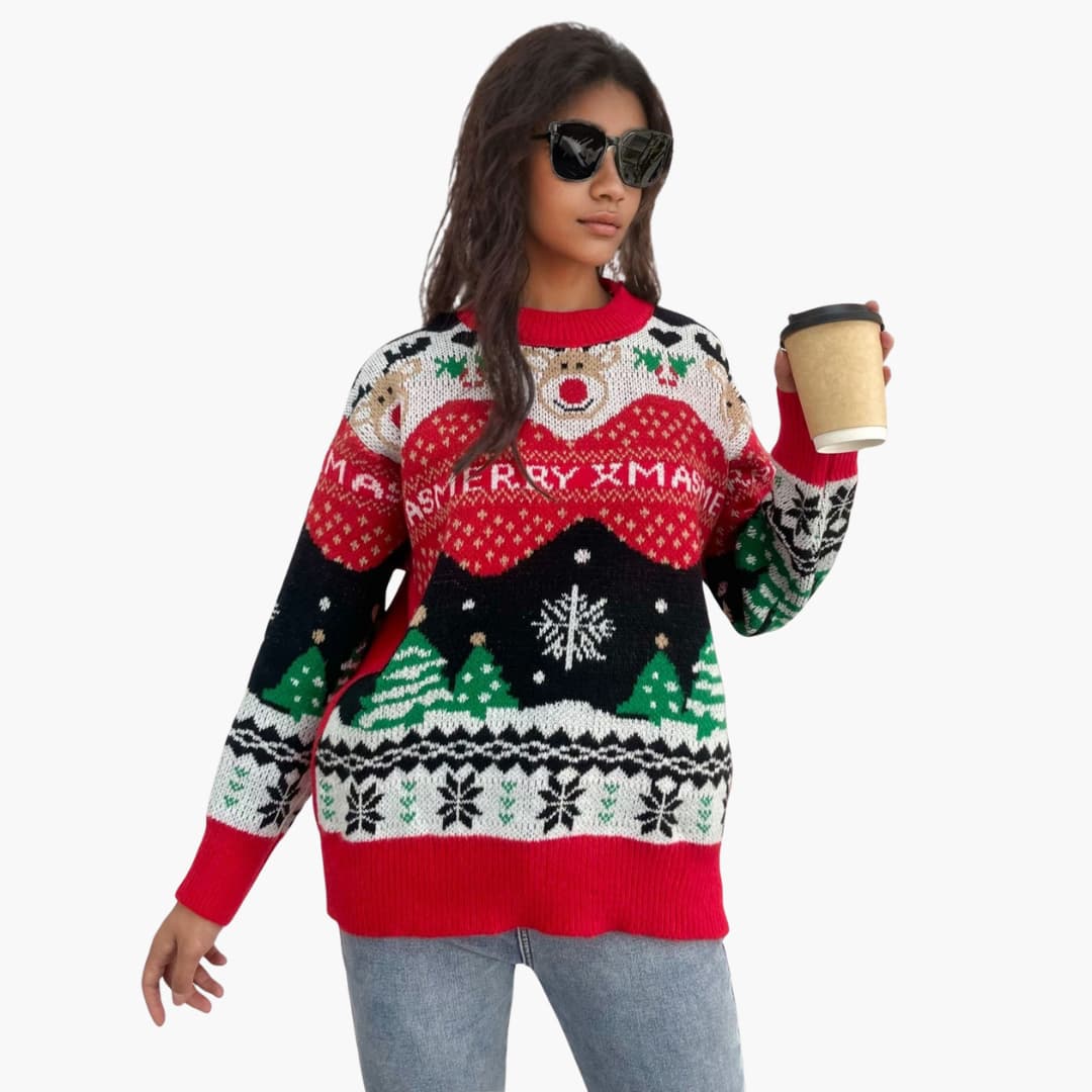 Damen Weihnachts Pullover mit Schneeflocken und Tannenbaum Muster 2