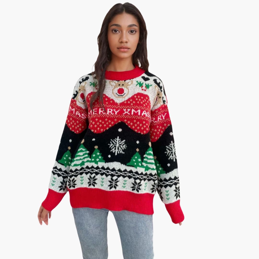 Damen Weihnachts Pullover mit Schneeflocken und Tannenbaum Muster 3
